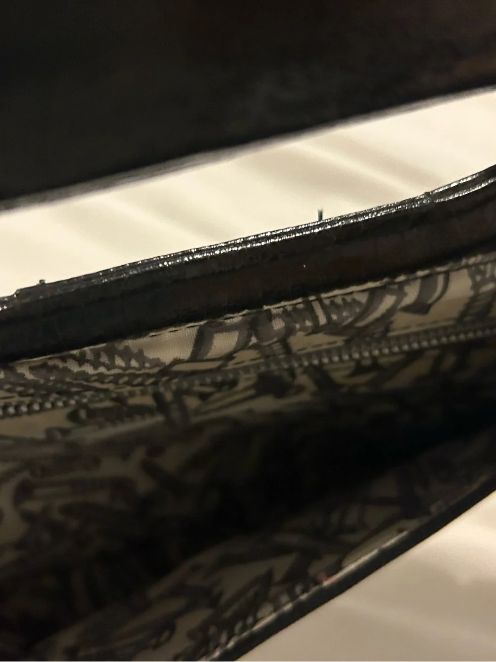 Vintage Sleek Black Patent Leather Clutch with wood Handle